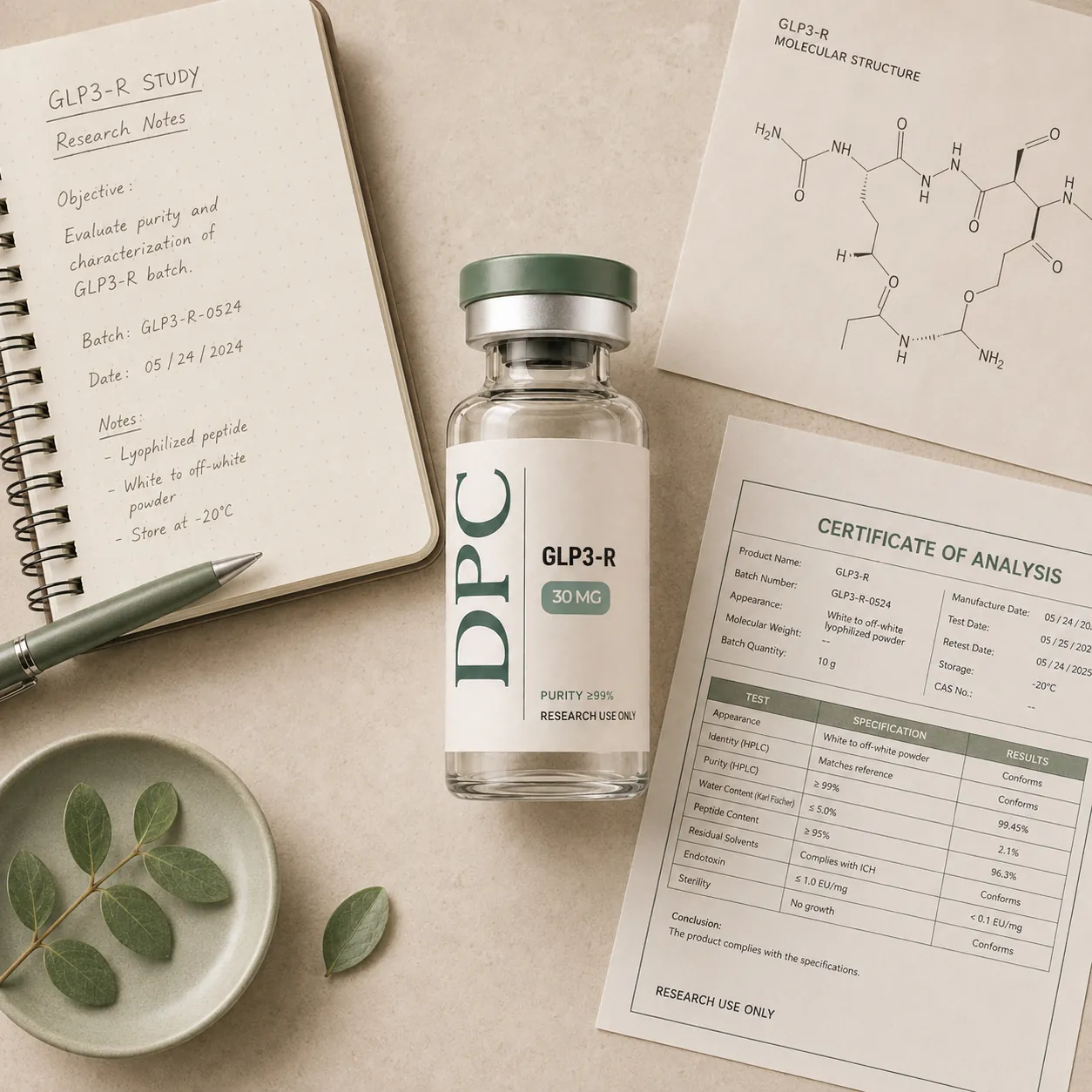 Research notes, molecular structure sheet and a Certificate of Analysis beside a DPC vial