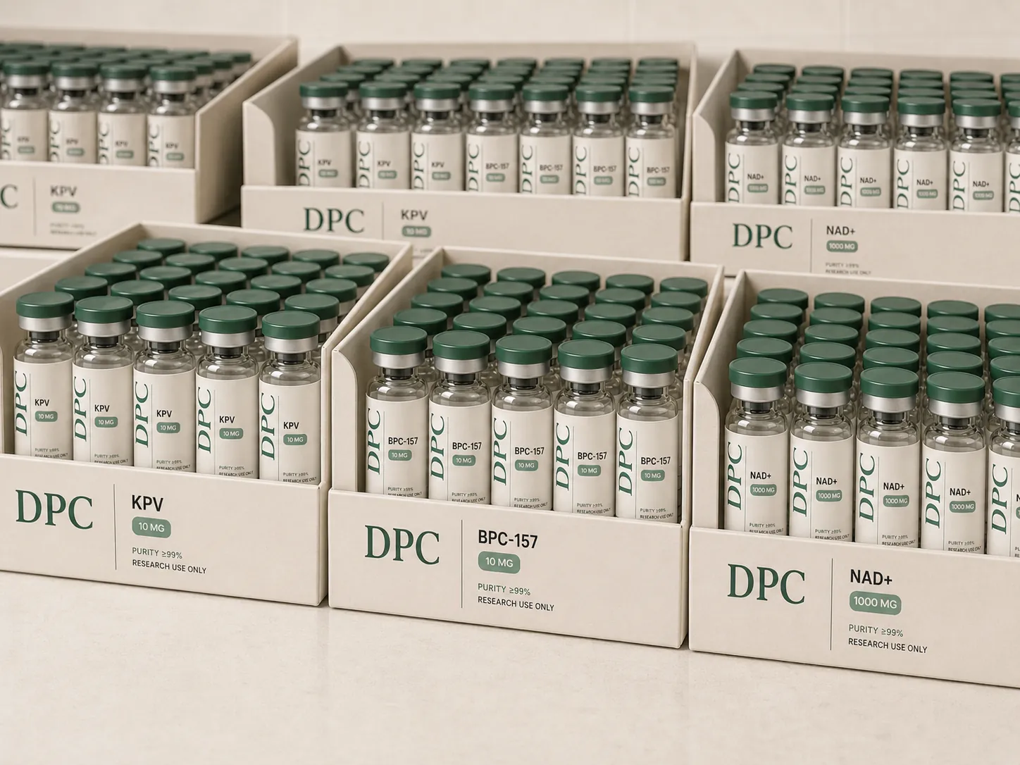 Trays of DPC research vials packed for bulk laboratory orders