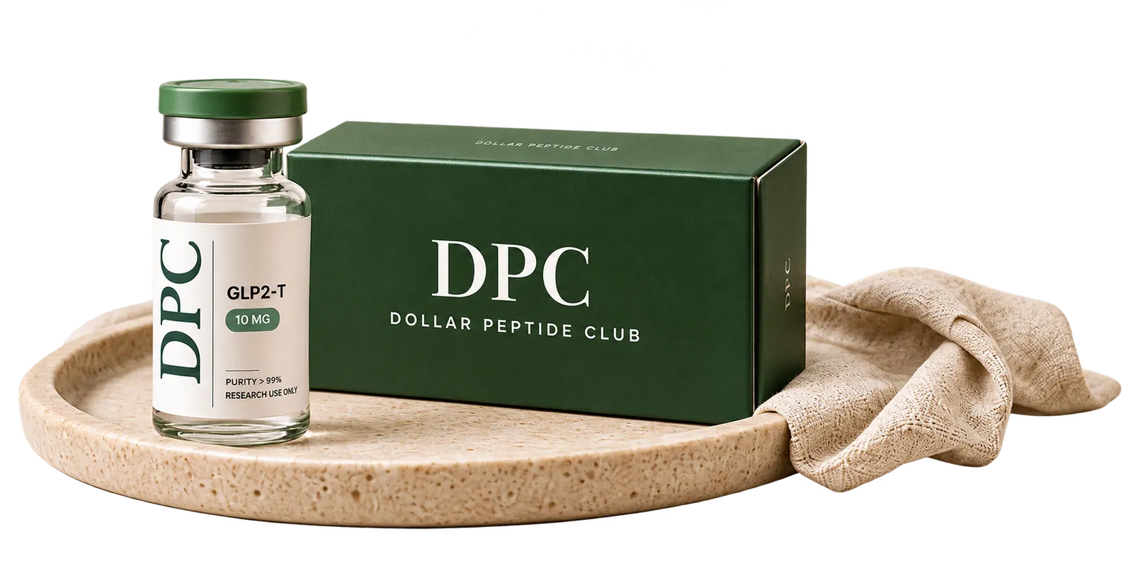 Dollar Peptide Club GLP2-T vial and box on a stone tray