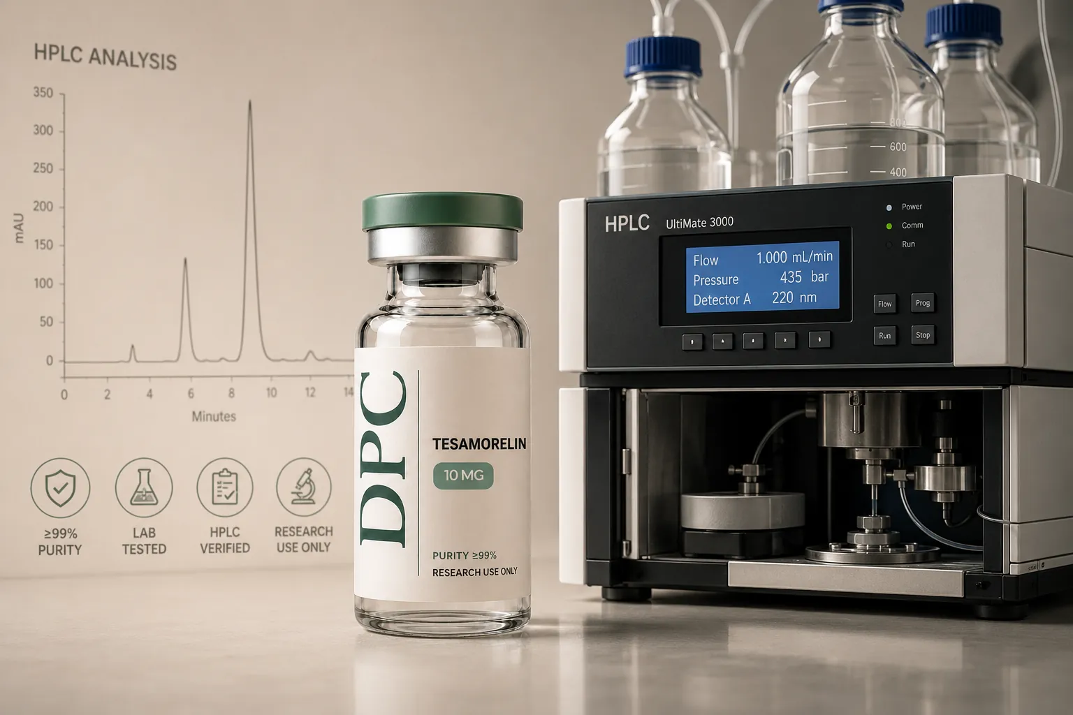 A DPC vial beside an HPLC analyser with a purity chromatogram