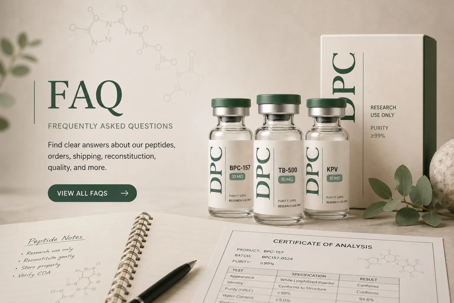 DPC vials and a Certificate of Analysis beside FAQ lettering