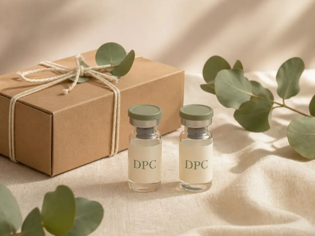 Two sealed DPC vials beside a kraft delivery box with eucalyptus